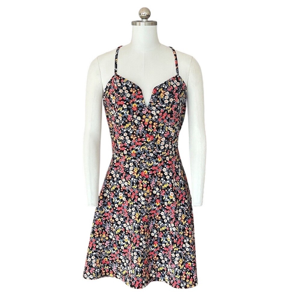 No Boundaries Dress Juniors 2XL Black Floral Skater Fit & Flare Open Back